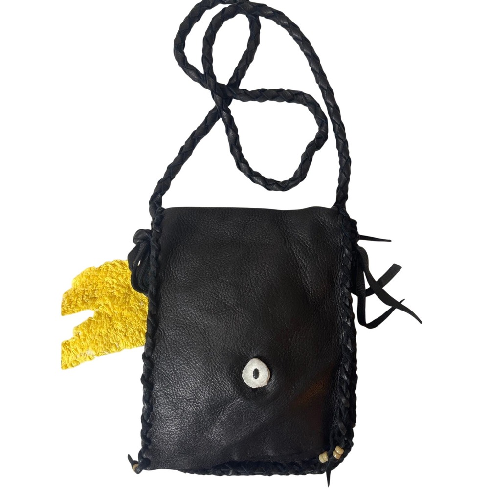 Handcrafted soft Black Leather Whipstitch Crossbody‎ Bag Boho braided strap
